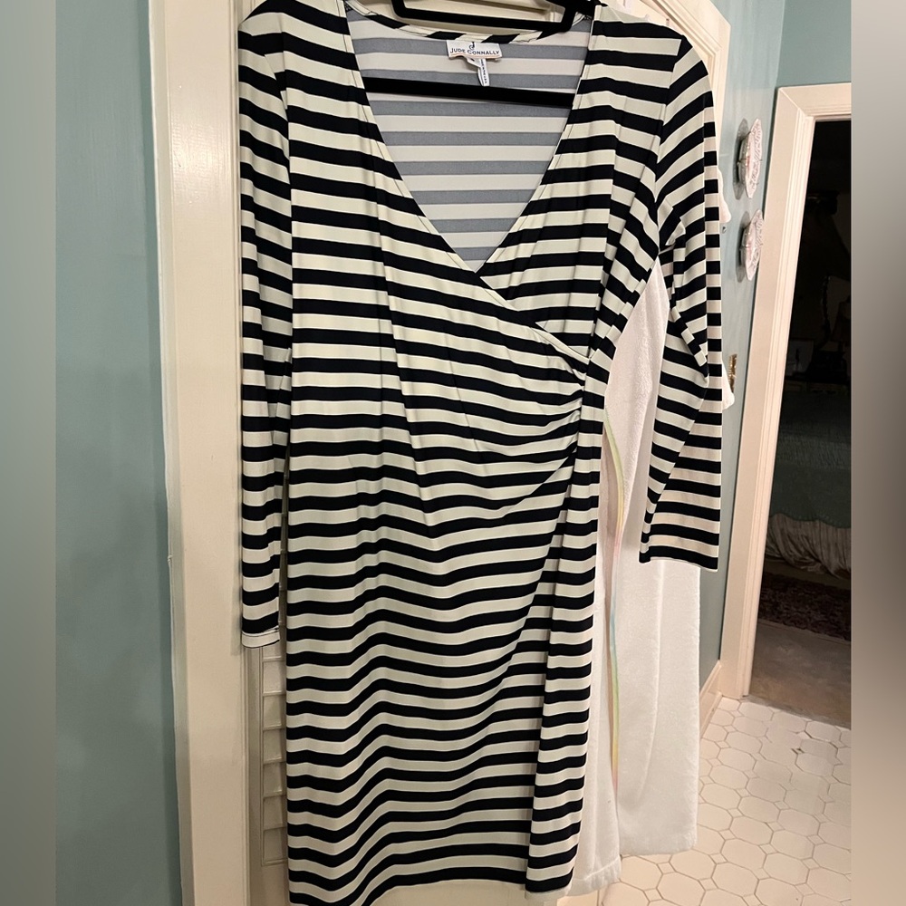 Jude Connally Navy and White Quarter Length Striped Sheath Dress